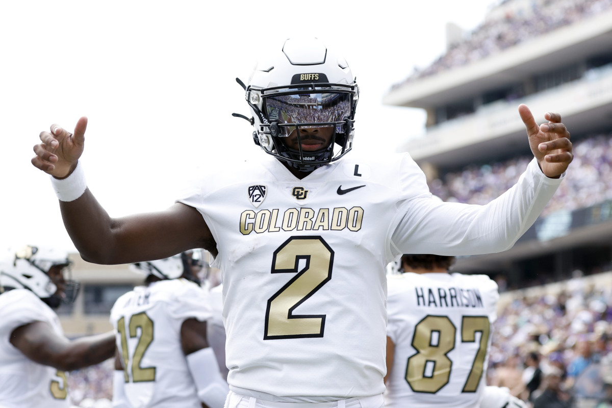 Colorado Buffaloes quarterback Shedeur Sanders (2) celebrates a touchdown in the first quarter against the TCU Horned Frogs at Amon G. Carter Stadium